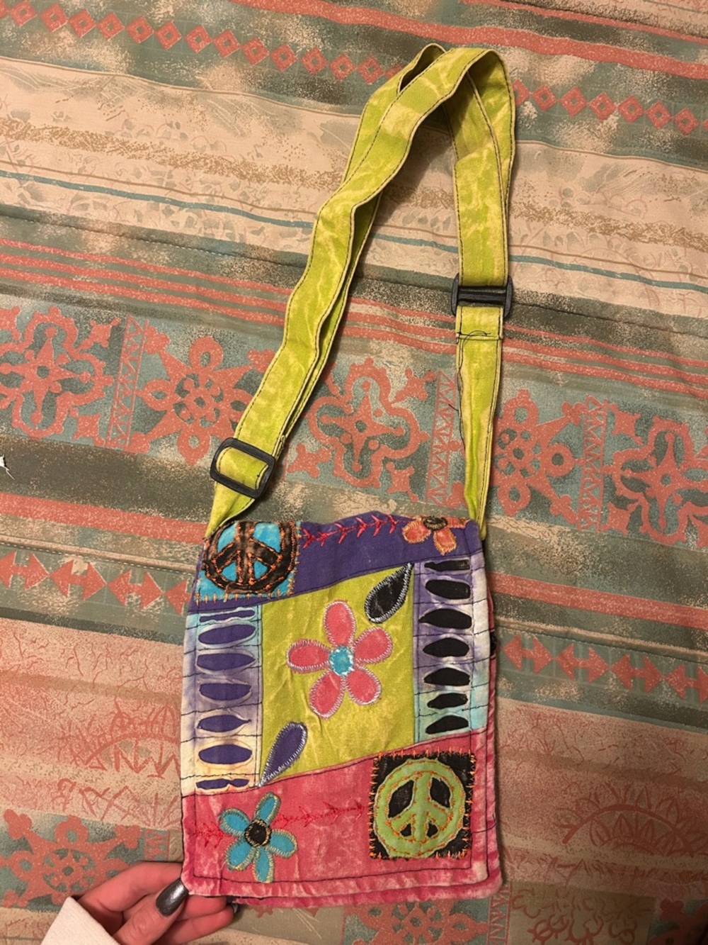 Colorful Boho Crossbody Shoulder Bag - Lime Green, Pink & Purple